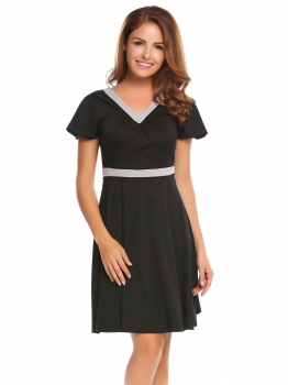 

Black A line Knee length Short Sleeve Patchwork V Neck Work Dress, Multicolor