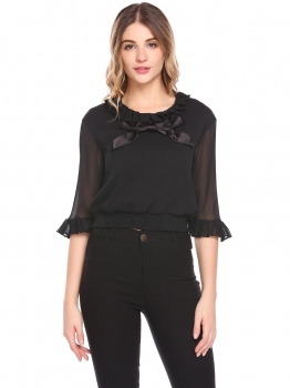 

Black Women Casual O-Neck 3"4 Sleeve Solid Bow Tie Elastic and Ruffle Hem Sexy Chiffon Shirt women, Multicolor