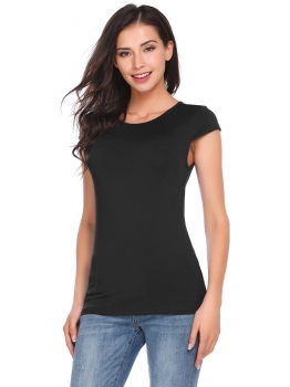

Black Cap Sleeve O Neck Solid Slim Fit T-Shirt, Multicolor
