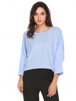 

Blue gray Bat-wing Sleeve O Neck Solid Loose Pullover Chiffon Top, Multicolor