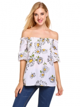 

White Off The Shoulder Lantern Sleeve Prints Sexy Blouse, Multicolor