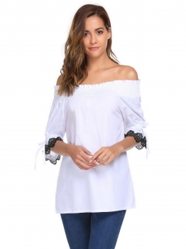 

White Elastic Slash Neck Off the Shoulder Lace Trim Tops, Multicolor