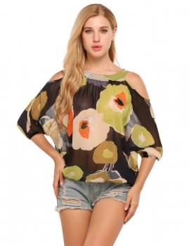 

Green Printed Cold Shoulder Elastic Hem Chiffon Blouse, Multicolor