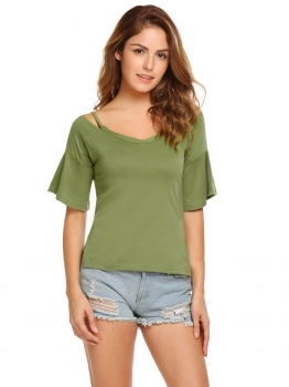 

Army green Short Sleeve Cold Shoulder Asymmetrical and Split Hem T-shirt, Multicolor