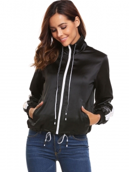 

Black Women Fashion Stand Collar Long Sleeve Zip-up Drawstring Jacket, Multicolor
