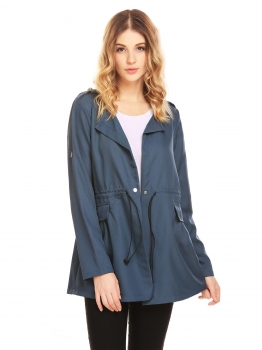 

Blue Women Stand Collar Single Button Drawstring Waist Casual Loose Trench Coat, Multicolor