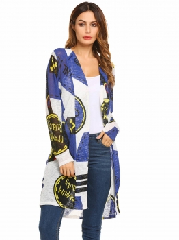 

Blue Long Sleeve Lightweight Print Drape Open Jacket, Multicolor