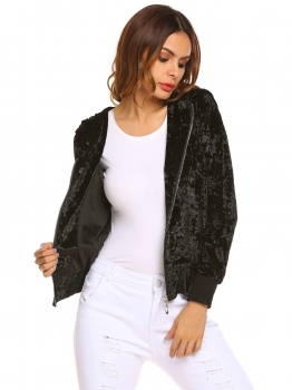 

Black Hooded Long Sleeve Solid Loose Velour Coat, Multicolor