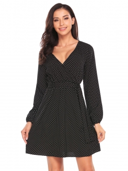 

Black Back Lace Patchwork Dot Dress with Belt, Multicolor