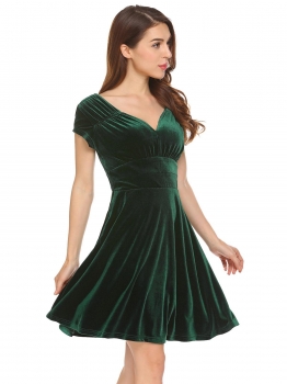 

Dark green V-Neck Cap Sleeve Backless Draped Velvet Cocktail Party Dress, Multicolor