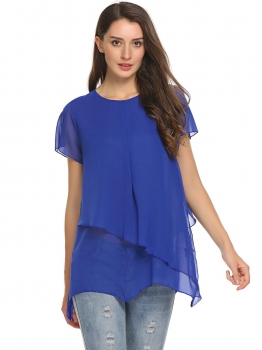 

Blue O-Neck Solid Double Layered Chiffon T-Shirt, Multicolor