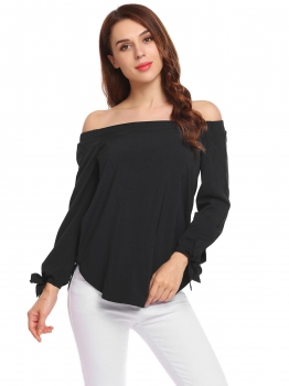 

Black Women Off Shoulder Knotted Sleeve Casual Loose Top, Multicolor
