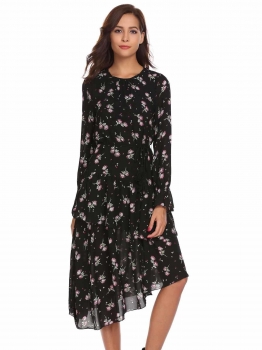 

Black Women Casual O-Neck Long Sleeve Bohemian Style A-Line Pleated Ruffle Casual Dress, Multicolor