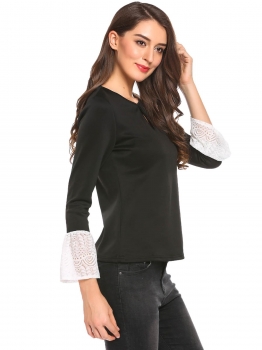 

Black Lace Flare Long Sleeve Keyhole Casual Slim Fit T-Shirt, Multicolor