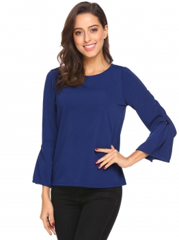 

Dark blue Women Flare Sleeve Button Décor Solid Casual Loose Fit Blouse Top, Multicolor