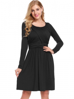 

Black Women Long Sleeve Ruched Waist A-Line Casaul Dress, Multicolor