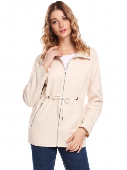 

Beige Women Casual Turn Down Collar Long Sleeve Zip-up Jacket, Multicolor