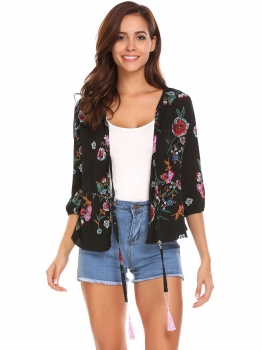 

Black Women 3"4 Sleeve Floral Print Cardigan, Multicolor