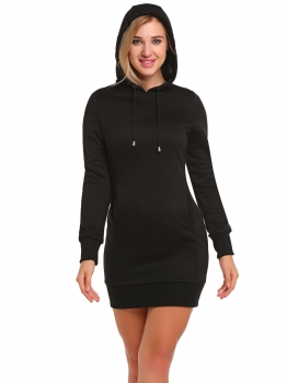 

Black Drawstring Long Sleeve Solid Pocket Dress, Multicolor