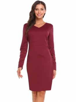 

Wine red V Neck Long Sleeve Solid Pencil Short Work Dress, Multicolor