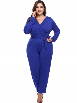 

Blue Women Plus Size V-Neck Long Sleeve Solid Belt Loose Jumpsuit, Multicolor