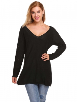 

Black Women V-Neck Long Sleeve Solid Hollow Out Loose Sweater, Multicolor