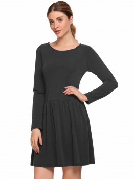 

Black Round Neck Long Sleeve Solid Pleated Dress, Multicolor