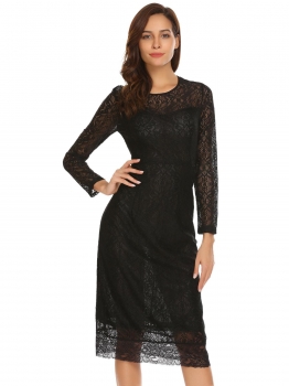

Black Elegant Long Sleeve Floral Lace Slim Fit Evening Party Midi Going Out Dress, Multicolor
