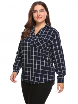 

Dark blue Plaid Plus Size V-Neck Long Sleeve Loose Blouse with Pocket, Multicolor