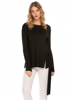 

Black Women Casual O Neck Long Sleeve Solid Loose Hem Split Lace Up Tops T-shirt, Multicolor