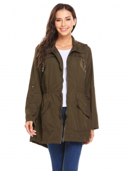 

Army green Women Long Sleeve Hooded Trench Print Elastic Waist Waterproof Wind Coat, Multicolor