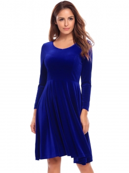 

Dark blue Women Casual V-Neck Long Sleeve Solid A-Line Pleated Hem Velvet Casual Dress, Multicolor