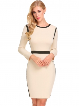 

Coffee O-Neck Long Sleeve Patchwork Package Hip Zipper Work Dress, Multicolor