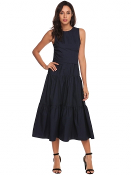 

Dark blue Sleeveless Cross Bandage Party Midi Tiered Dress With Pocket, Multicolor