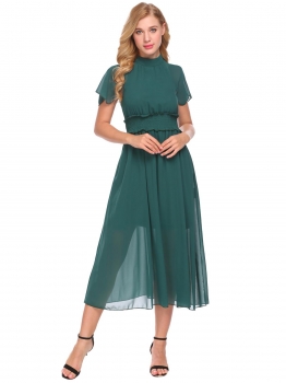 

Dark green Women Halter Short Sleeve Ruffles Smocked Waist Solid Long Maxi Party Dress, Multicolor