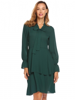 

Dark green Tie Neck Long Sleeve Ruffles Solid Casual Chiffon Dress, Multicolor