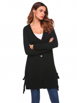 

Black Women Long Sleeve Front Button V-neck Thick Cardigan, Multicolor