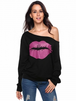 

Black One Shoulder Long Sleeve Print Loose Sweatshirt, Multicolor