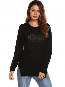 

Black Long Sleeve O Neck Ribbed Cable Knit Pullover Sweaters, Multicolor