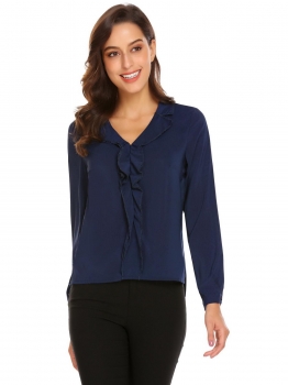 

Navy blue Women Casual V-Neck Long Sleeve Solid Ruffles Chiffon Shirt, Multicolor