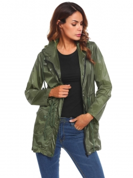 

Army green Women's Lightweight Hooded Drawstring Solid Raincoat Outdoor Waterproof Jacket, Multicolor