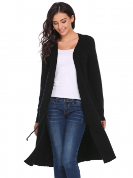 

Black Solid Drawstring Open Front Knit Long Sleeve Cardigan, Multicolor