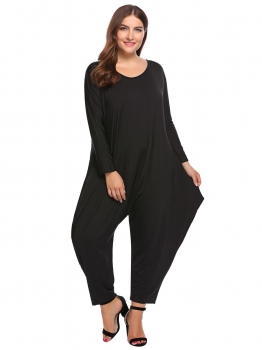 

Black Solid Plus Size Batwing Sleeve Pockets Loose Jumpsuit, Multicolor