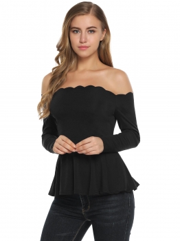 

Black Slash Neck Off the Shoulder Long Sleeve Solid Ruffle Hem Tops, Multicolor