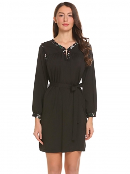 

Black Women V-Neck Long Sleeve Casual Belted A-line Shirt Dress, Multicolor