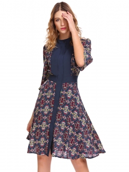 

Navy blue Women Vintage Style 3"4 Sleeve Printing Button Down A-line Shirt Dress, Multicolor