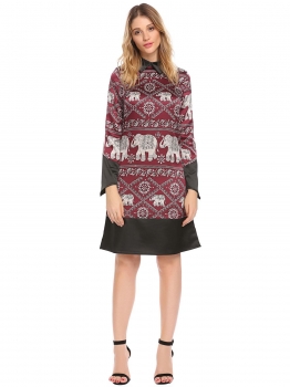 

Red Vintage Style Doll Collar Long Sleeve Printing Short Dress, Multicolor