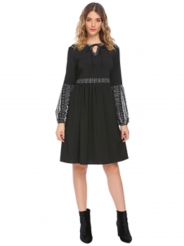 

Black Women Bohemian Style Long Sleeve Tribal Print Casual A-line Dress, Multicolor