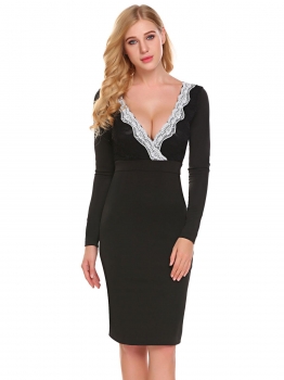

Black Women V-Neck Long Sleeve Floral Lace Patchwork Bodycon Going Out Dress, Multicolor