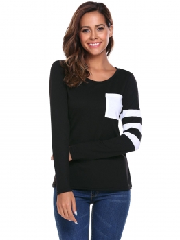 

Black Women Casual Long Sleeve O Neck Striped Tunic Blouses T-Shirt, Multicolor
